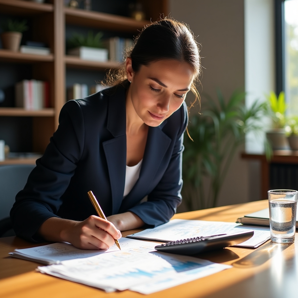 Persona che studia concetti finanziari su un tavolo con grafici e calcolatrice