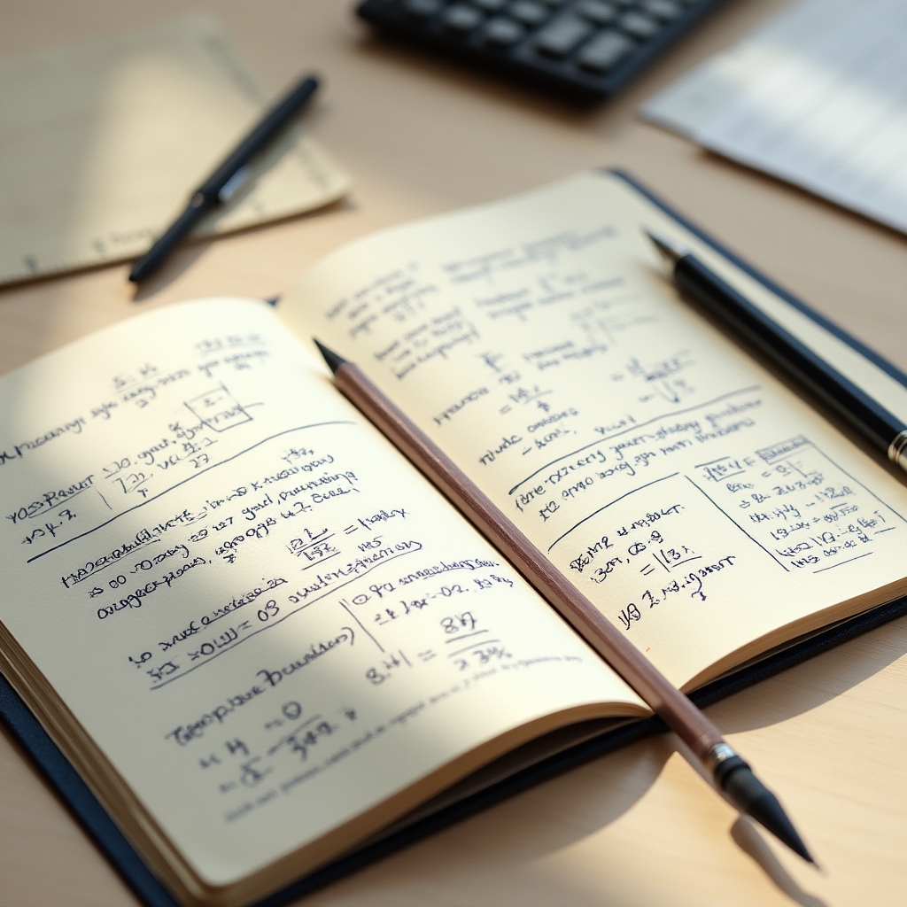 Quaderno aperto con formule matematiche finanziarie scritte a mano