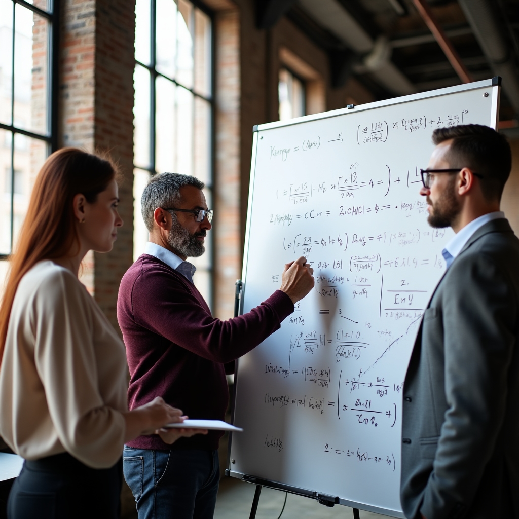 Team di professionisti che discute di educazione finanziaria davanti a una lavagna con formule